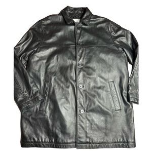 Wilson’s Leather black vintage leather mid length trench coat men’s XL